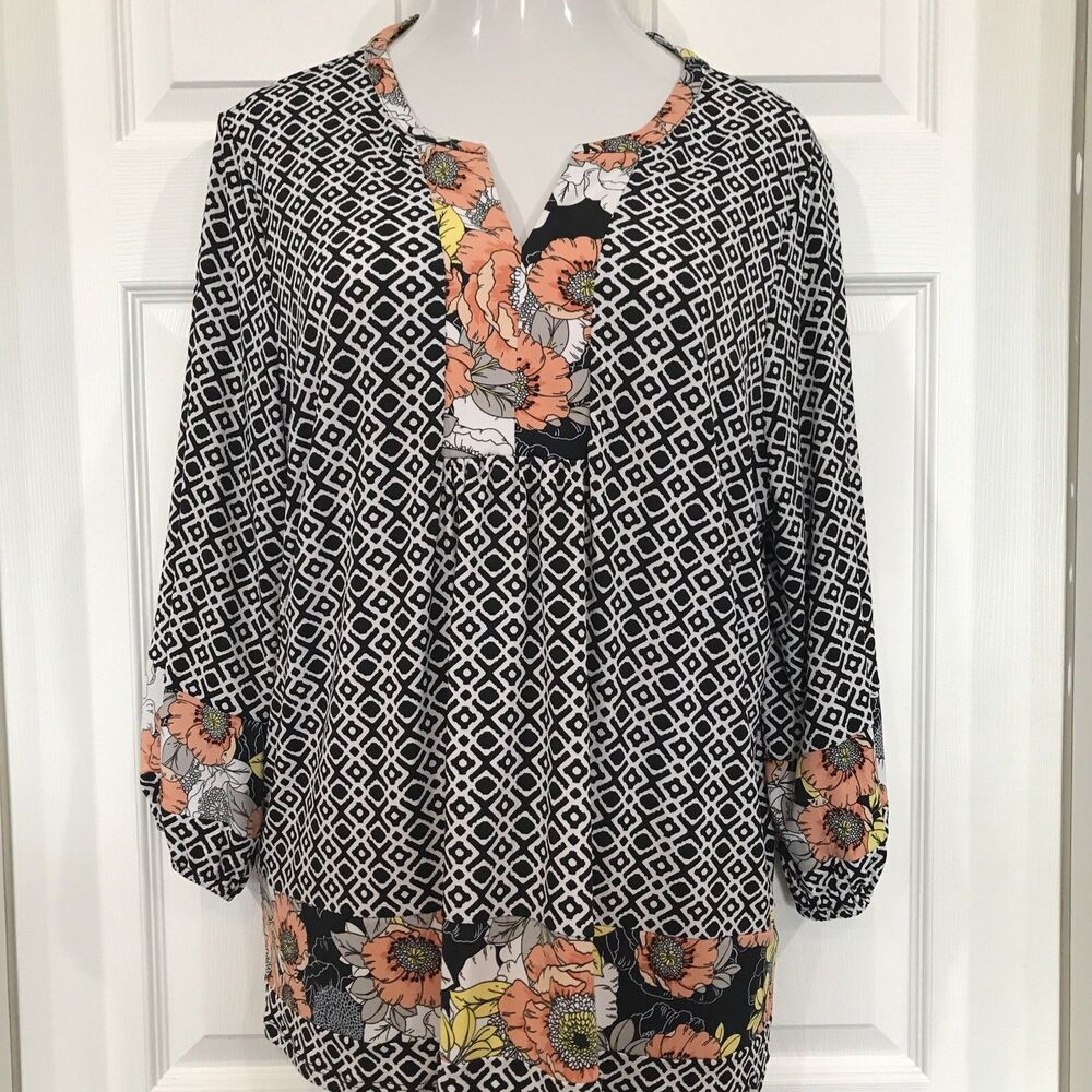 Ruby Rd Top Floral and Abstract Print Blouse Tunic Notch Neck Size XL